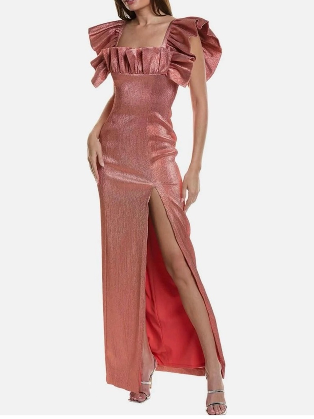 Black Halo Metallic Rose Gold Ruffle-Sleeve Evening Gown